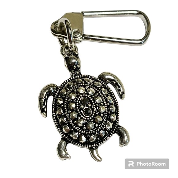 Marcasite Crystal Turtle Keychain Zipper Pull Purse Charm Backpack Silver Plated - Picture 1 of 9